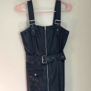 Faux Leather Mini Dress with Belt - Black
